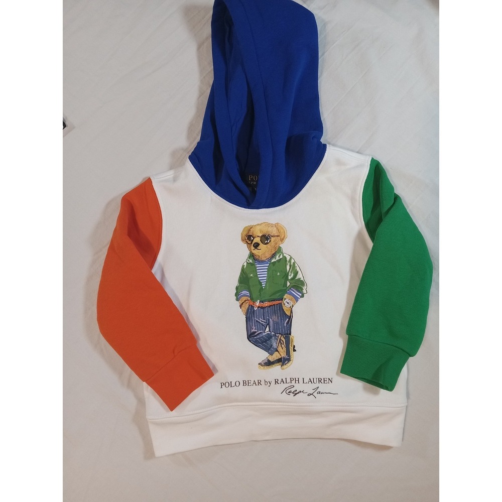 Polo Ralph Lauren Hoodie; Polo Bear -orange/green sleeves w/blue hood Size 2T